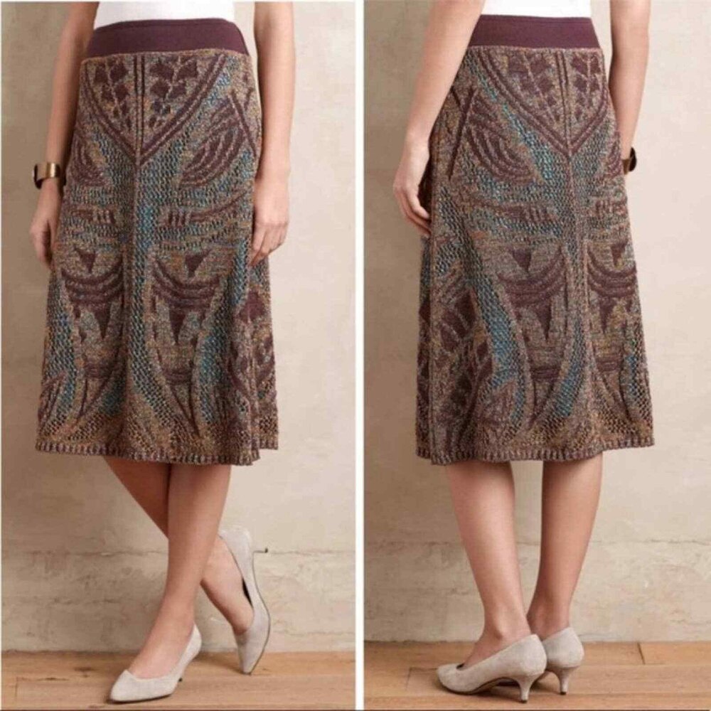 CECILIA PRADO Anthropologie Lumi Wine Metallic Crochet Knit Midi Skirt Size XS